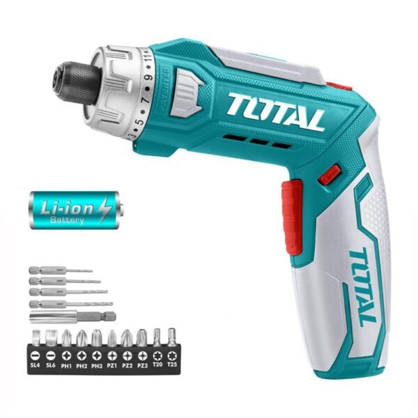 شنيور فك وربط 8 فولت - شنيور فك وربط 8 فولت مع 17 قطعة توتال Total 8V cordless screwdriver with 17 pieces set