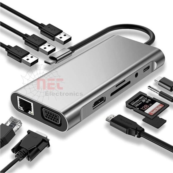 TYPEC TO HD + LAN + READER + AUX + VGA + USB + PD 10 IN 1 ZERO - محول TYPEC TO HD + LAN + READER + AUX + VGA + USB + PD 10 IN 1 ZERO متعدد المنافذ TYPEC TO HD + LAN + READER + AUX + VGA + USB + PD 10 IN 1 ZERO multiports adapter
