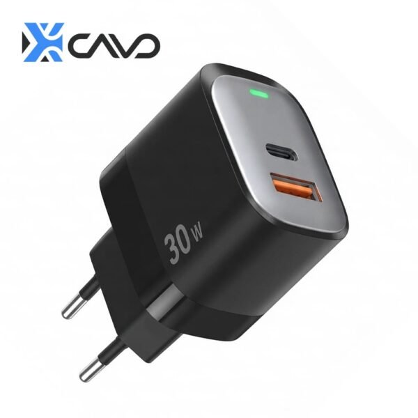 راس شاحن 30W مدخلين USB+PD PowerPod HC3 من CAVO بلون أبيض أنيق